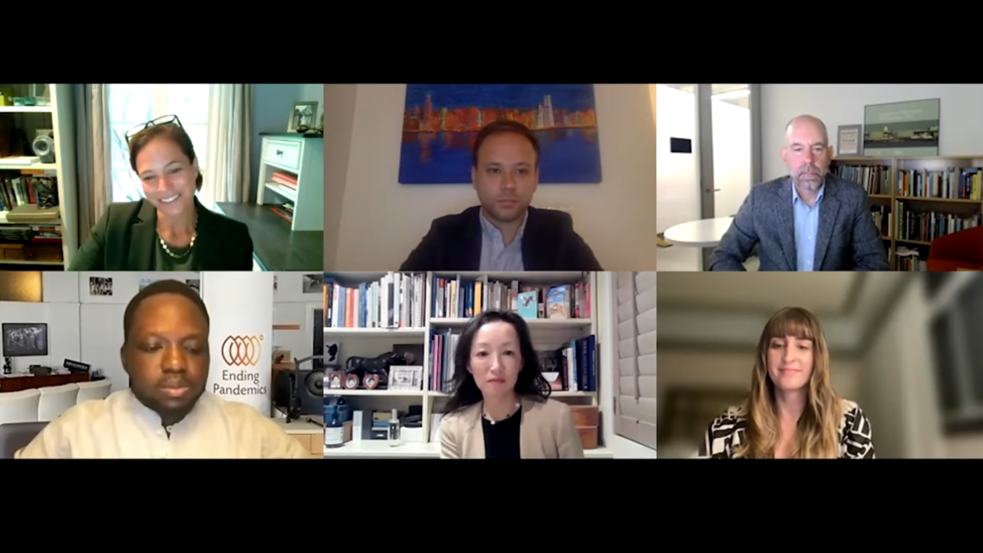 Screenshot of Rebecca Katz, Matthew Boyce, Uwe Brandes, Jay Atanda, Irene Lai, and Saskia Popescu speaking.