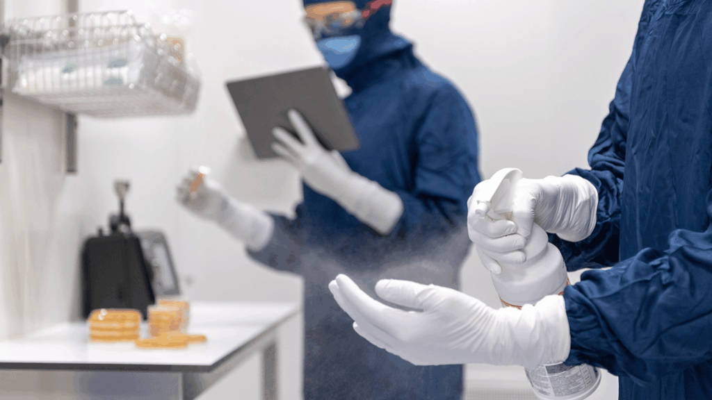 Individuals in a labratory spraying disinfectant on their gloves.