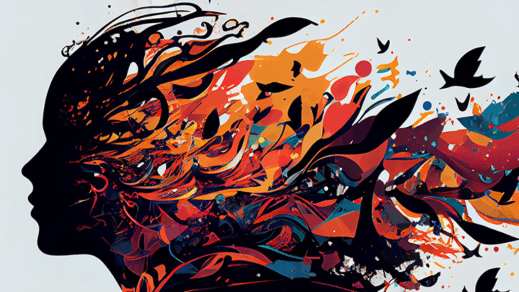 Abstract painting of a person with colors and birds flowing from the head.