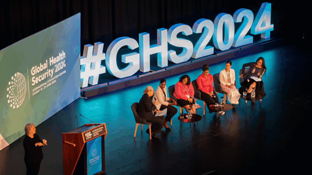Panelists speaking on the session on Women in Global Health Security Leadership at GHS 2024.