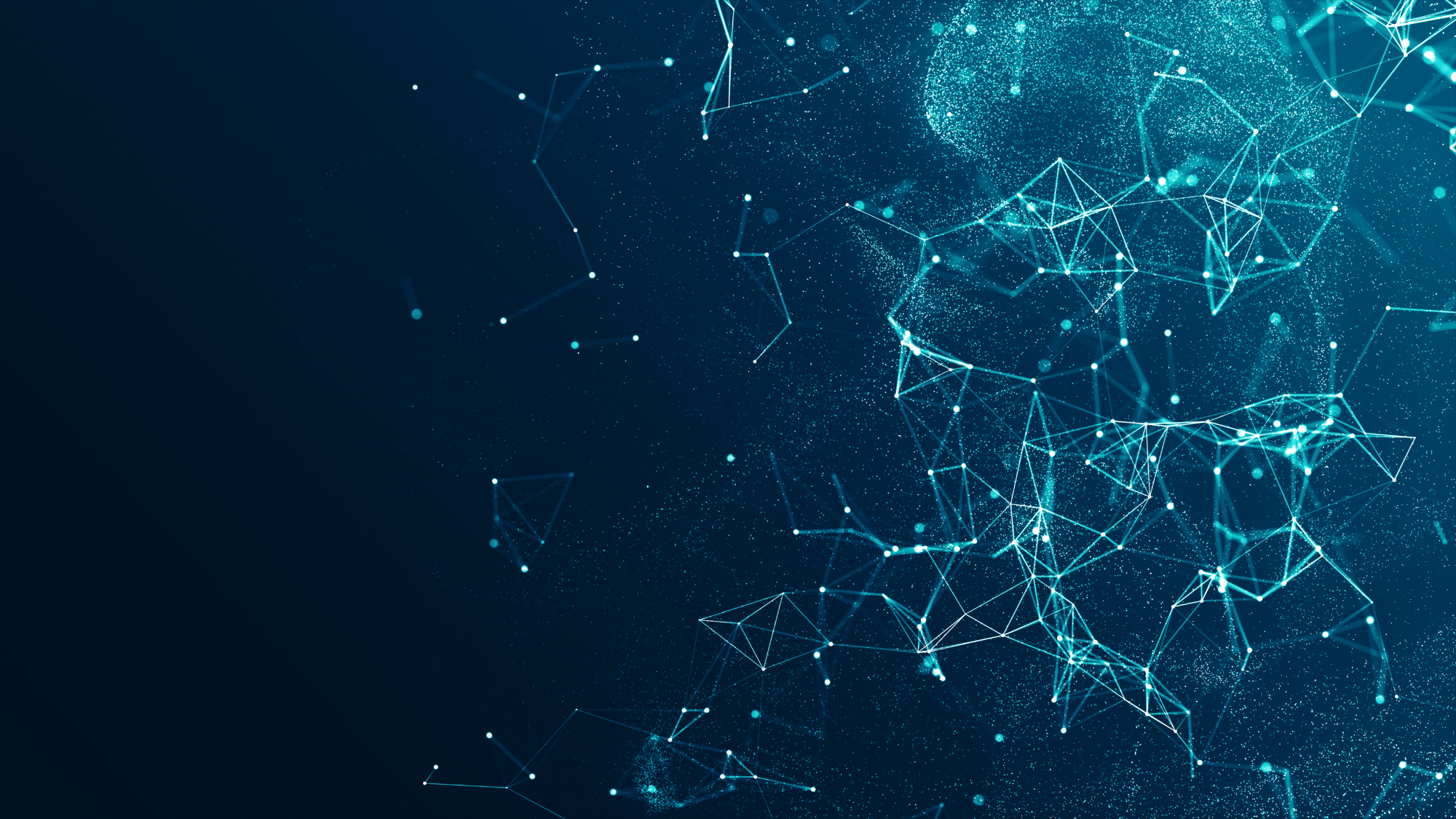 An abstract digital network visualization with connected white dots and lines.