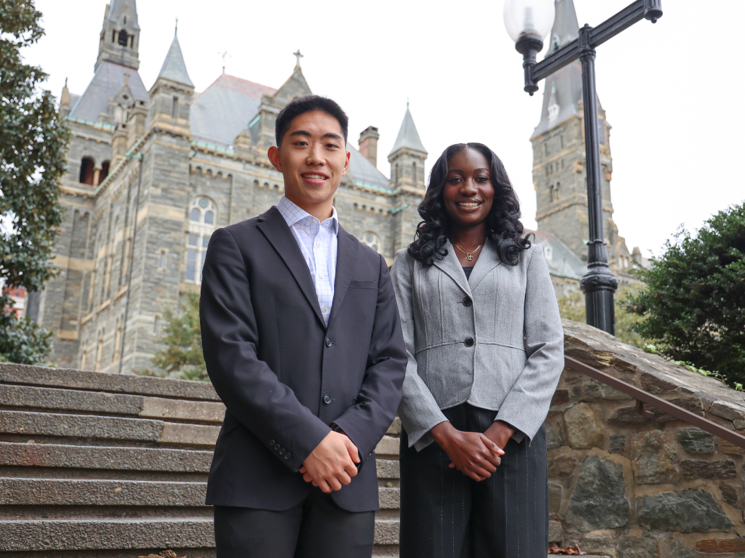 (From left) Jordan Pai and Kayla Wontumi are the recipients of the 2025-2026 Maeve Kennedy McKean Global Health Award.
