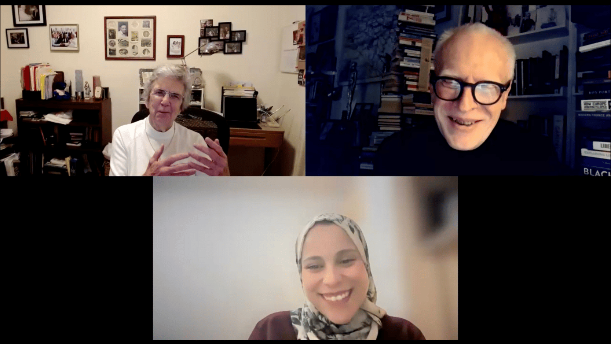 Zoom screenshot of Sister Carol Keehan, Richard Horton, and Alaa Murabit.